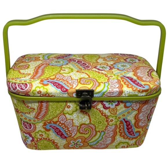 Unknown Other - Vintage Multicolor Paisley Fabric Sewing Basket Lockable Lid Retro Craft Storage